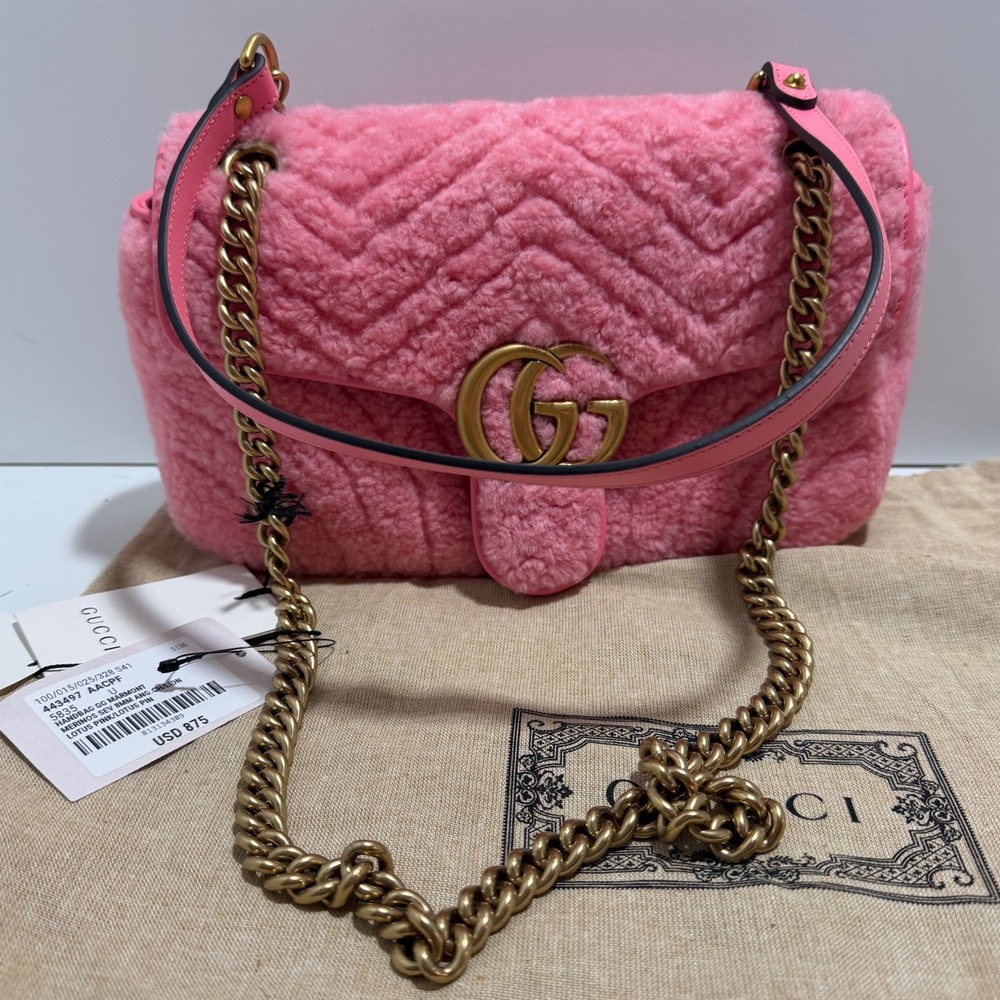 Gucci Marmont Pink Merino Shearling Chevron Shoulder Bag 443497 AACPF 5835 - Picture 2 of 6
